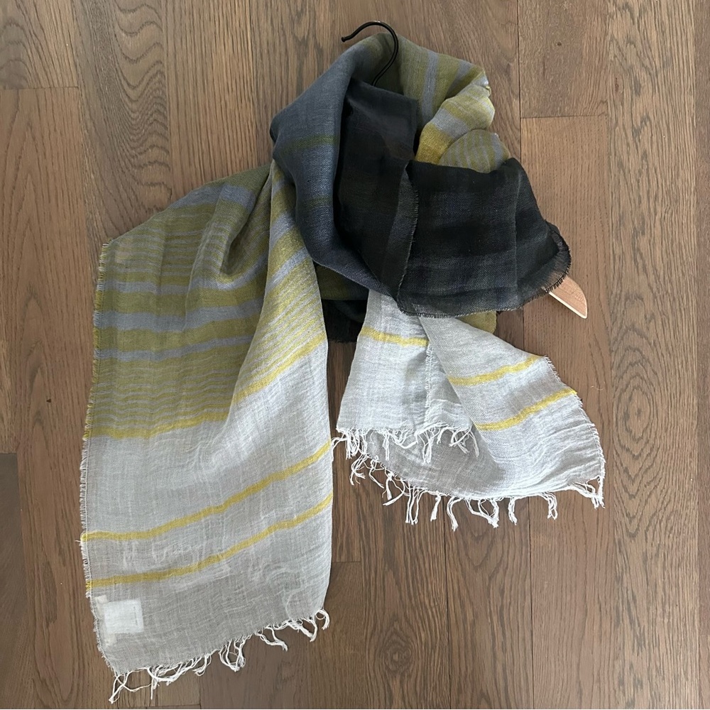 Eileen Fisher Linen/Cotton Blend Striped Oblong Scarf Slate Blue, Yellow, Grey